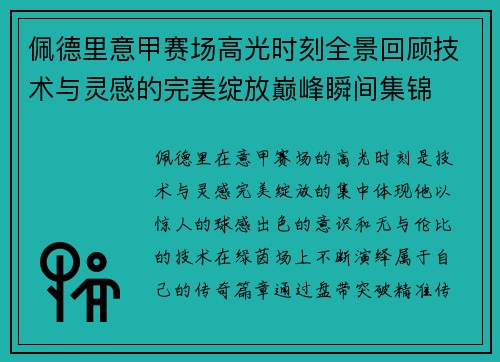 佩德里意甲赛场高光时刻全景回顾技术与灵感的完美绽放巅峰瞬间集锦